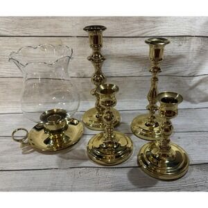LOT of 5 Brass Candlesticks VTG Baldwin w/Luna Lumia Candles Sizes 1.5" To 7.5"